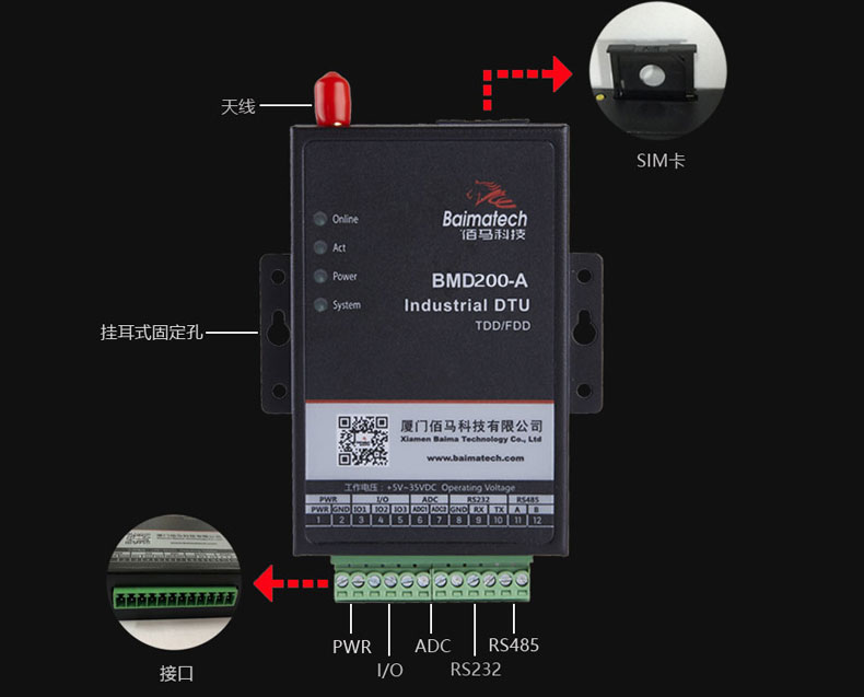 BMD200 DTU接口豐富，方便聯(lián)接各種智能設(shè)備